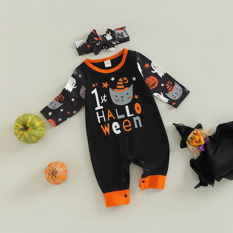 

Toddler Girls Halloween Costume Set Pumpkin Printed Long Sleeve Romper with Headband Outfit for Baby Girls 0-24 Months