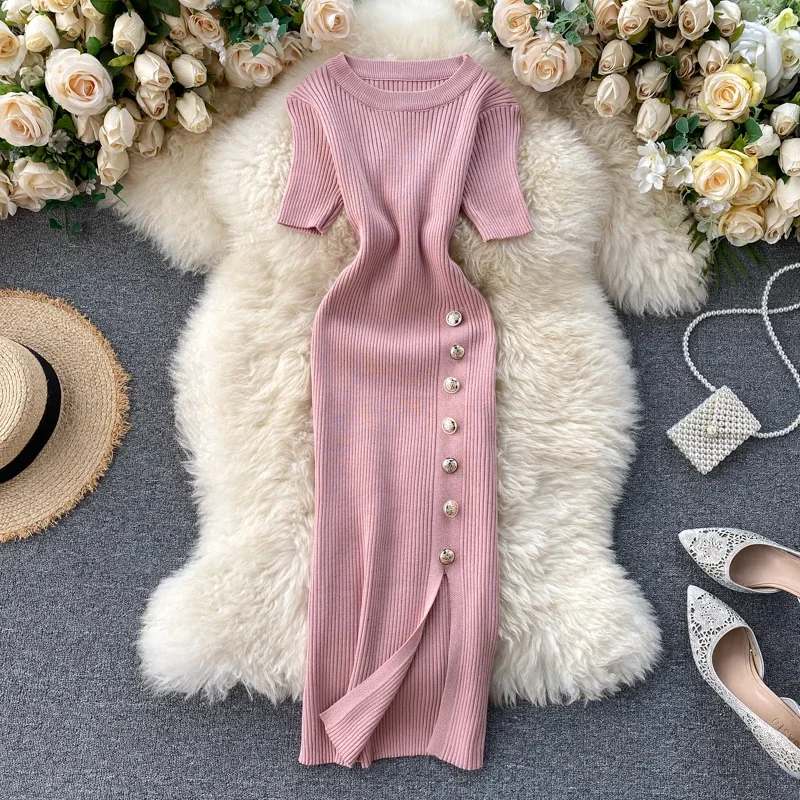 Vestidos Solid Korean Vintage High Waist Women Dress Bodycon Sexy Stretch Knitted 2024 Summer Dresses Chic 16347