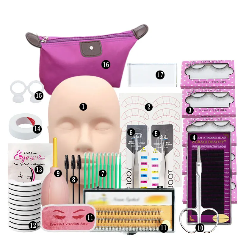 False Eyelash Extension Training Kit Practice Model Head Eye Pads Tweezers Glue Ring Brush Grafting Eyelash Tools Kit