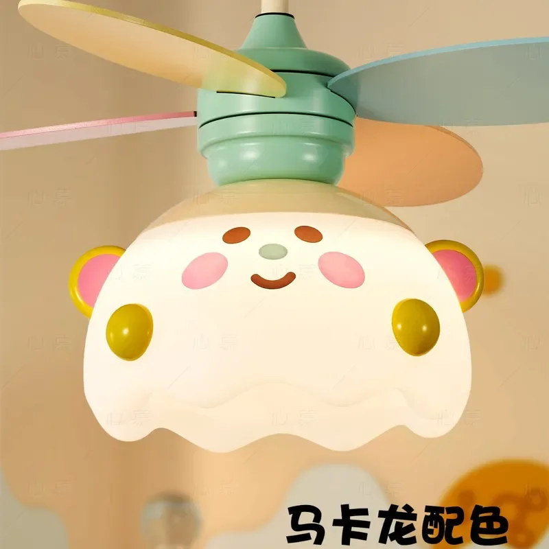 Cute Cartoon Ceiling Fan Light For Kids Room Silent Electric Chandelier Macaron Color Eye Protection Lamp For Boy Girl