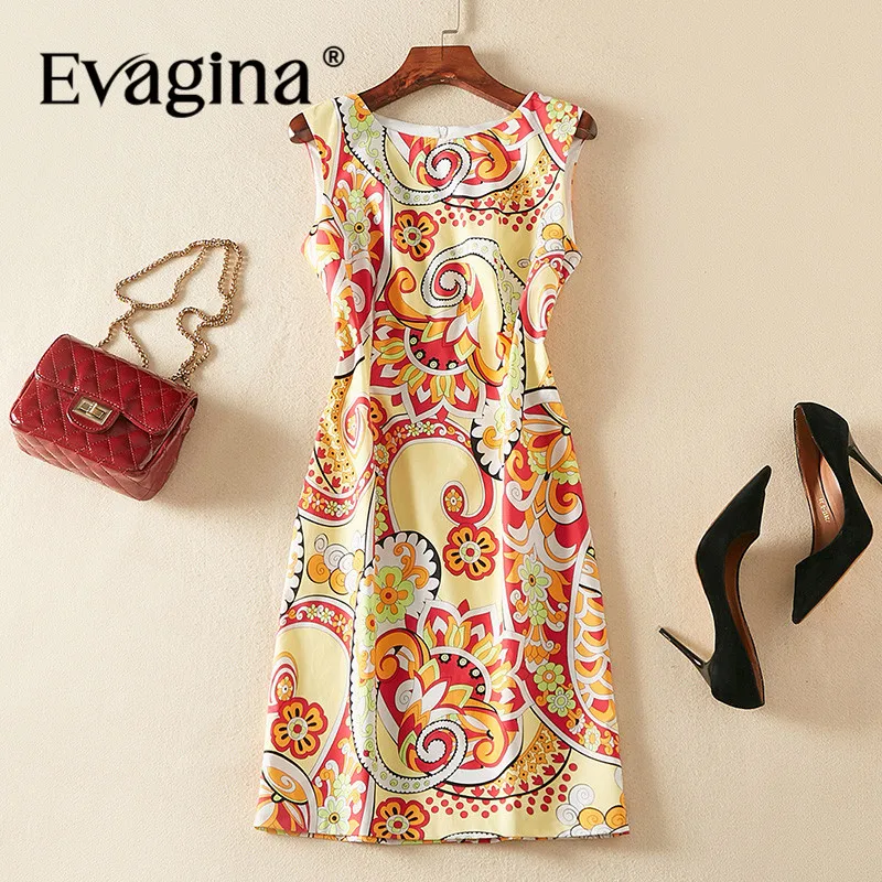 Evagina Fashion Design Spring Summer Women's Sleeveless Vintage Print Bohemian Style  A-Line S-XXL Mini Vacation Dresses