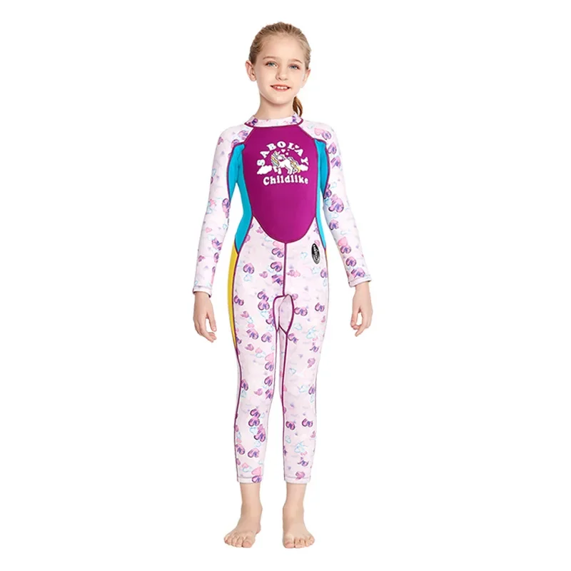 Full Body Neoprene Wetsuit for Girls, Beach Sun Protection, Rash Guard, Swimwear with Sleeves, Kids Surf Swimming, 2mm