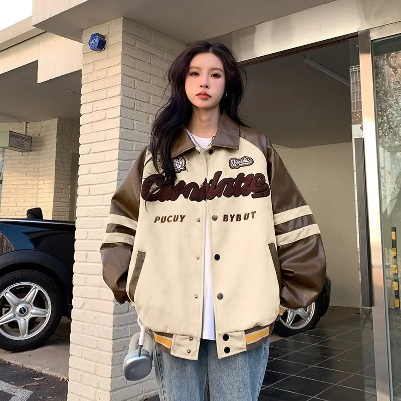 

Sweet Floral Collar Trendy Full Sleeve Jacket For Women Autumn Oversize Baseball Loose Leather American Style Women's Coat