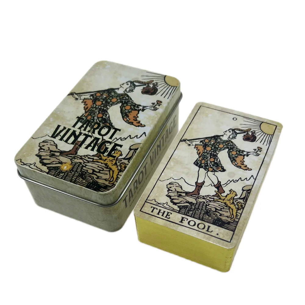 Cartas de tarot Vintage en caja de lata de Metal, juegos de mesa de 10cm x 6cm, borde Chapado en verde dorado, 78 tarjetas con manual de papel