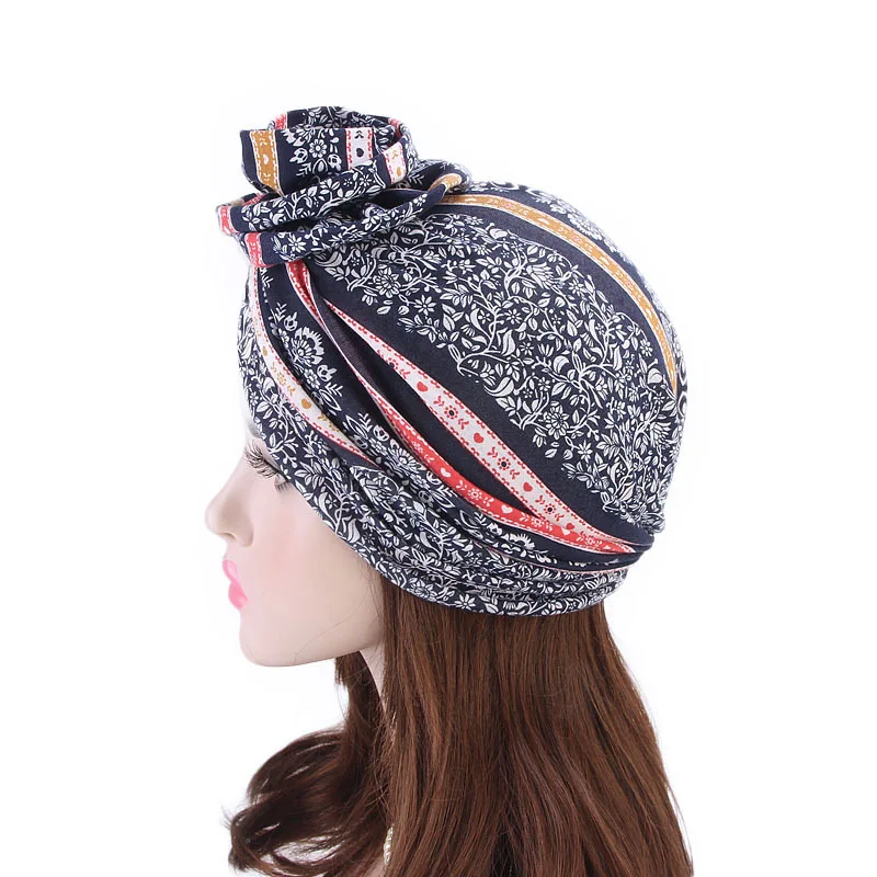 Bohemia Style Cotton Print Donut Turban Caps for Women Stretchy Muslim Headscarf Bonnet Hat Ladies Headband Turbans Headwraps