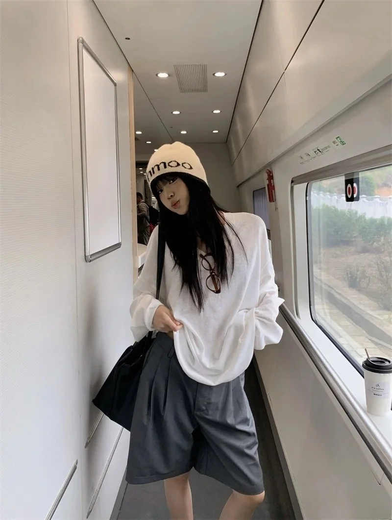 Loose Long Sleeve White T-Shirt Women's Spring New Style Korean Loose Feel Thin Covering Top Comfortable Boring Style