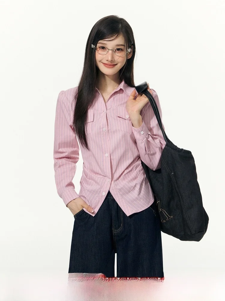 

ELEVEN SP Women's Slim Fit Long Sve irt Pink Striped Design Korean Sle Versatile Casual Breathable Comfortable Cotton ...