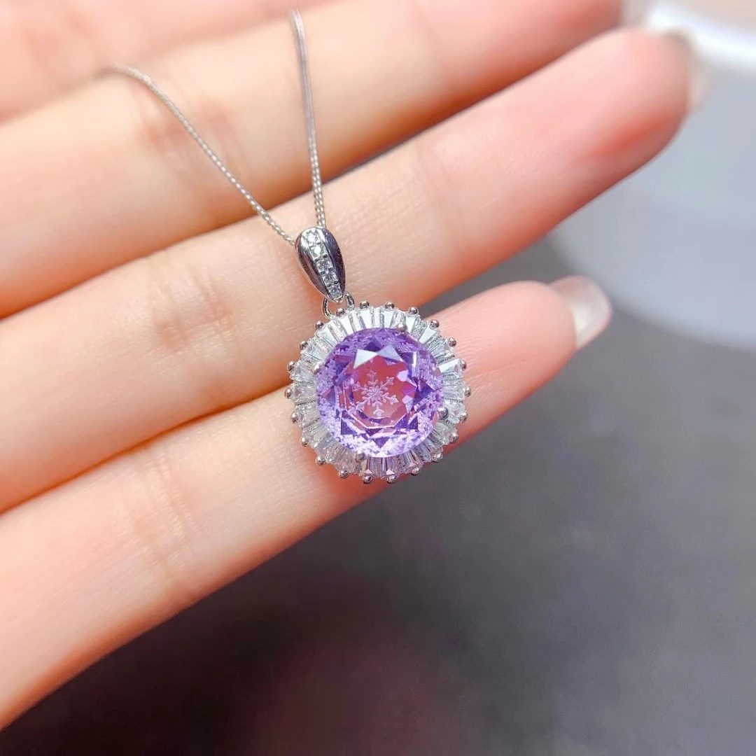 

Silver Lavender Amethyst Pendant Natural Lavender Engagement Wedding Halo CZ Necklace For Women Gift