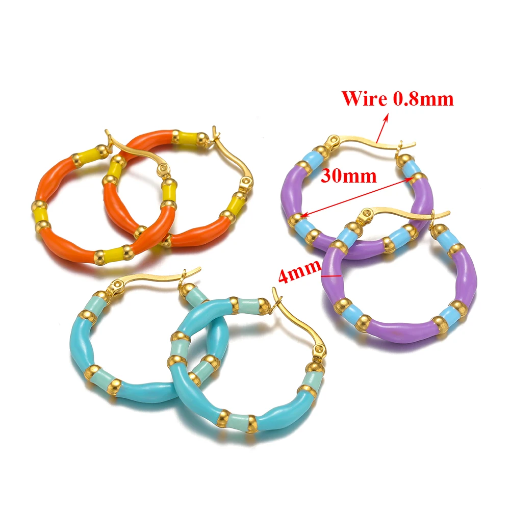 1 Pair 30mm Stainless Steel Colorful Enamel Round Wire Hoop Earrings for Fashion Jewelry Earring Women Gifts Wholesale Retail