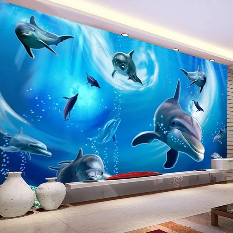 Cute Dolphin Fish Cartoon 3D Wall Mural Wallpaper for Children Bedroom Ocean Theme Wall Decoration Art Wall Covering