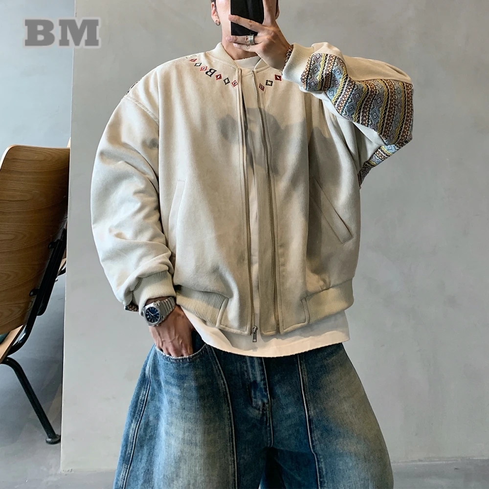 

Замшевая бейсбольная куртка с этнической вышивкой, мужская уличная одежда большого размера в стиле хип-хоп, весна-осень, повседневная модная винтажная городская верхняя одежда