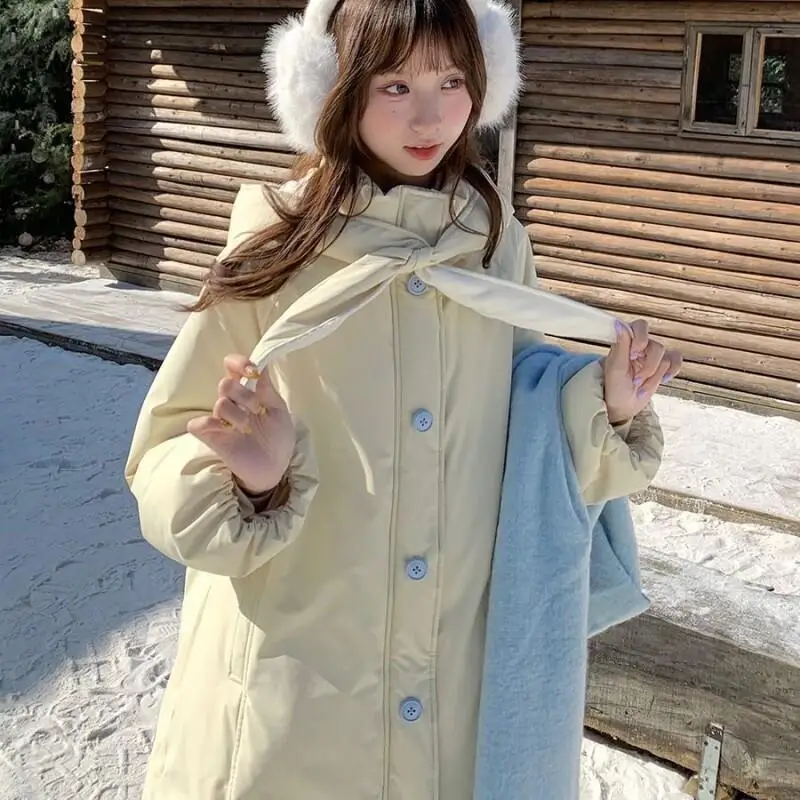 

Women's Clothing Winter Coat New Cream Yellow Bunny Mid Long Cotton Women Autumn Winter College Style Warm Thick Loose Jacket