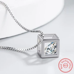 Real 925 Sterling Silver Jewelry Fashion Chain Extended Hollow Square Crystal Zircon Pendant Necklace For Women FQL23250