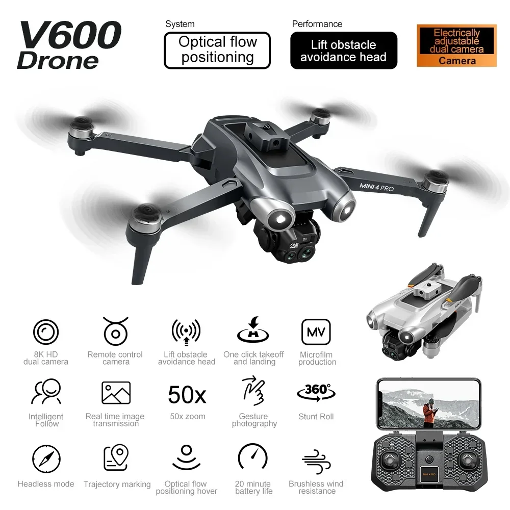 6/8K HD V600 Brushless Fold Drone Lift and Avoid Obstacles Long Battery Life Gravity Induction RC Plane Trajectory Flight Toy