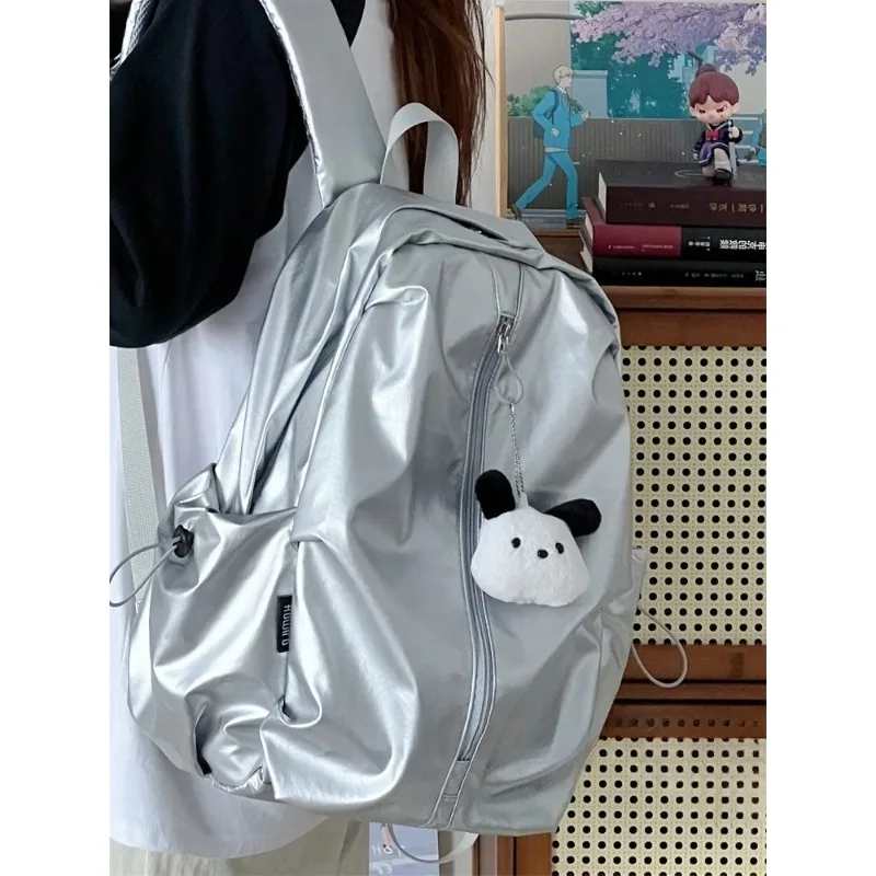 

Silver PU Personali Design Korean Simple Pure Color Computer Double Shoulder Bag Universi High Frequency Bookbag Outdoor ...
