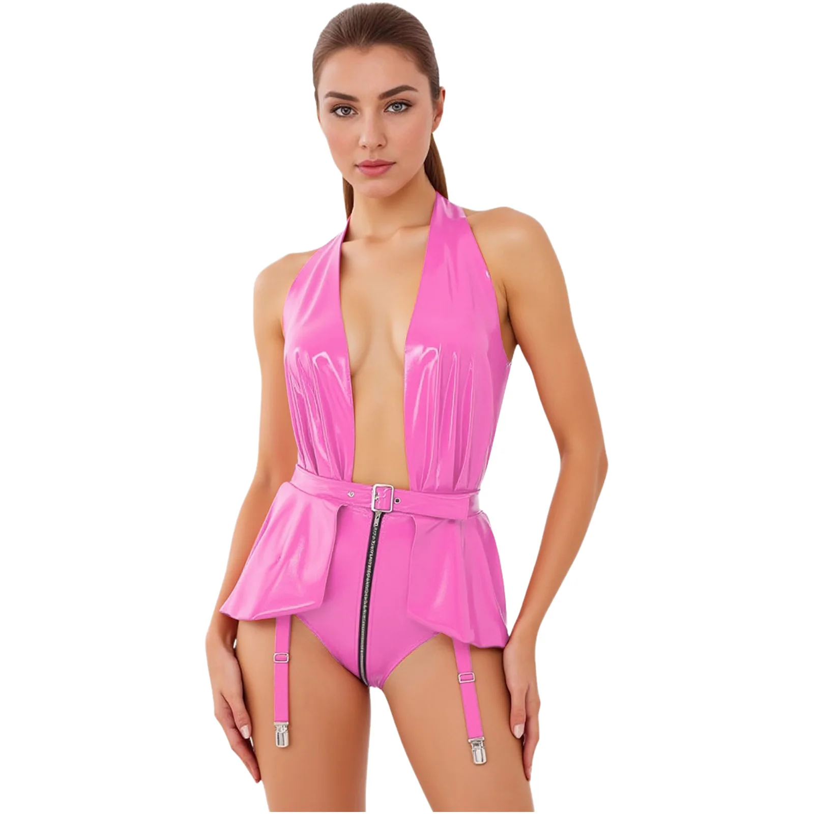 

Adult Women Sissy Deep V Neck Backless Bodysuits Stylish Zipper Crotch Skirt Hem Jumpsuit for Lingerie Tempting Nightwear
