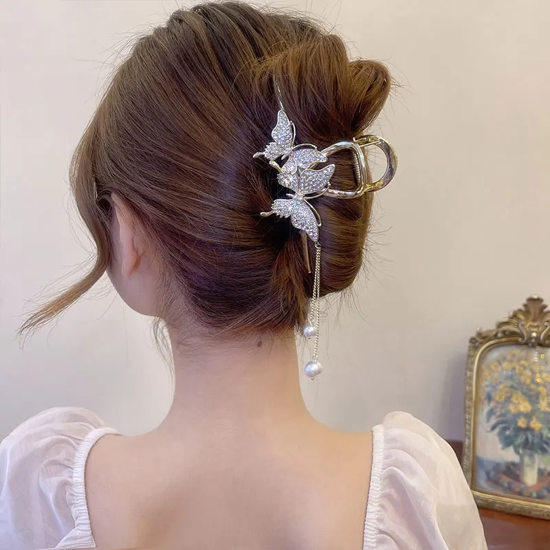 Butterfly Hair Claw Clip Clip Pearl Tassel Chain Hair Claw Rhinestone Clamp Fashion Women Girls Hairpin