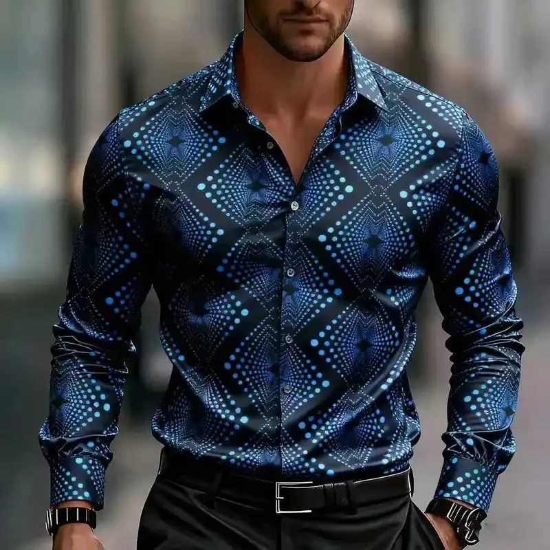 Men's Geometric Patterned Long Sleeved Shirt, Elegant Button Up Shirt, Modern Fan-Shaped and Striped Pattern, 3D Printed