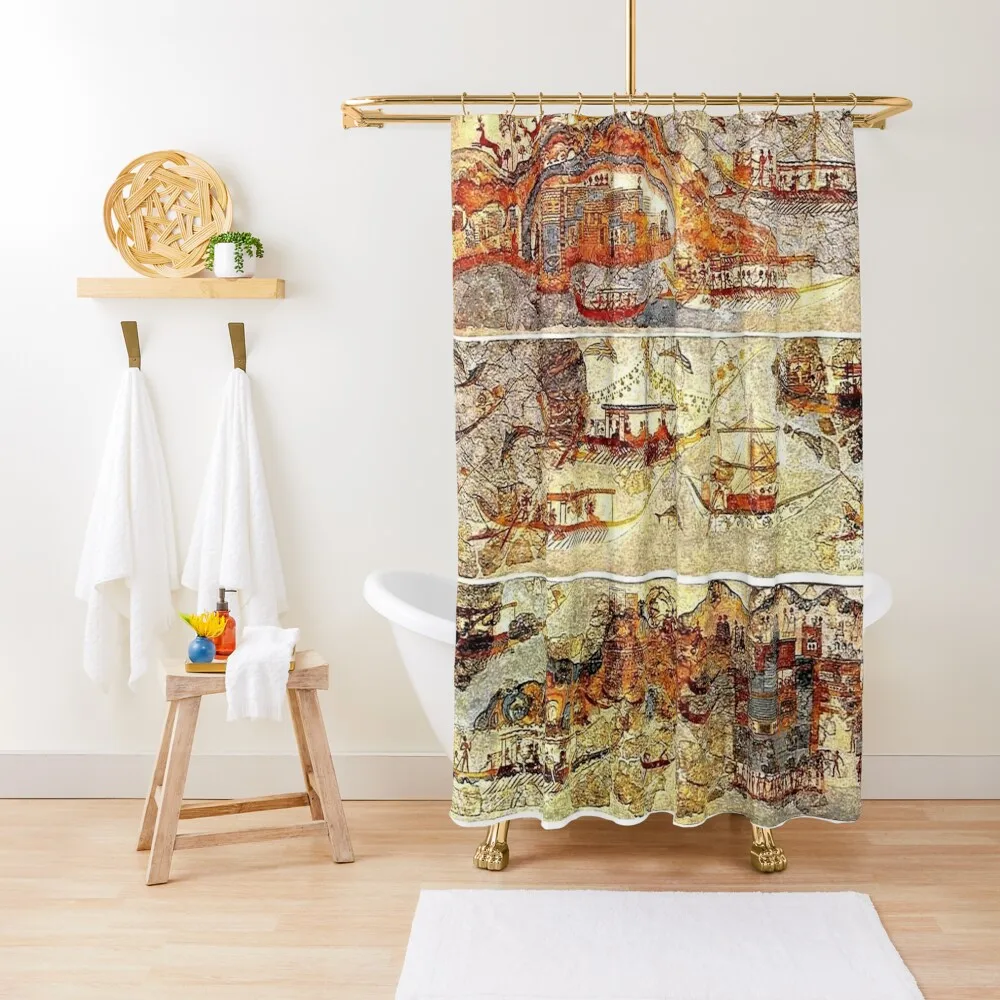 

Minoan Admirals Flotilla Fresco in Three Panels Shower Curtain Luxury Bathroom Shower For Bathrooms Curtain