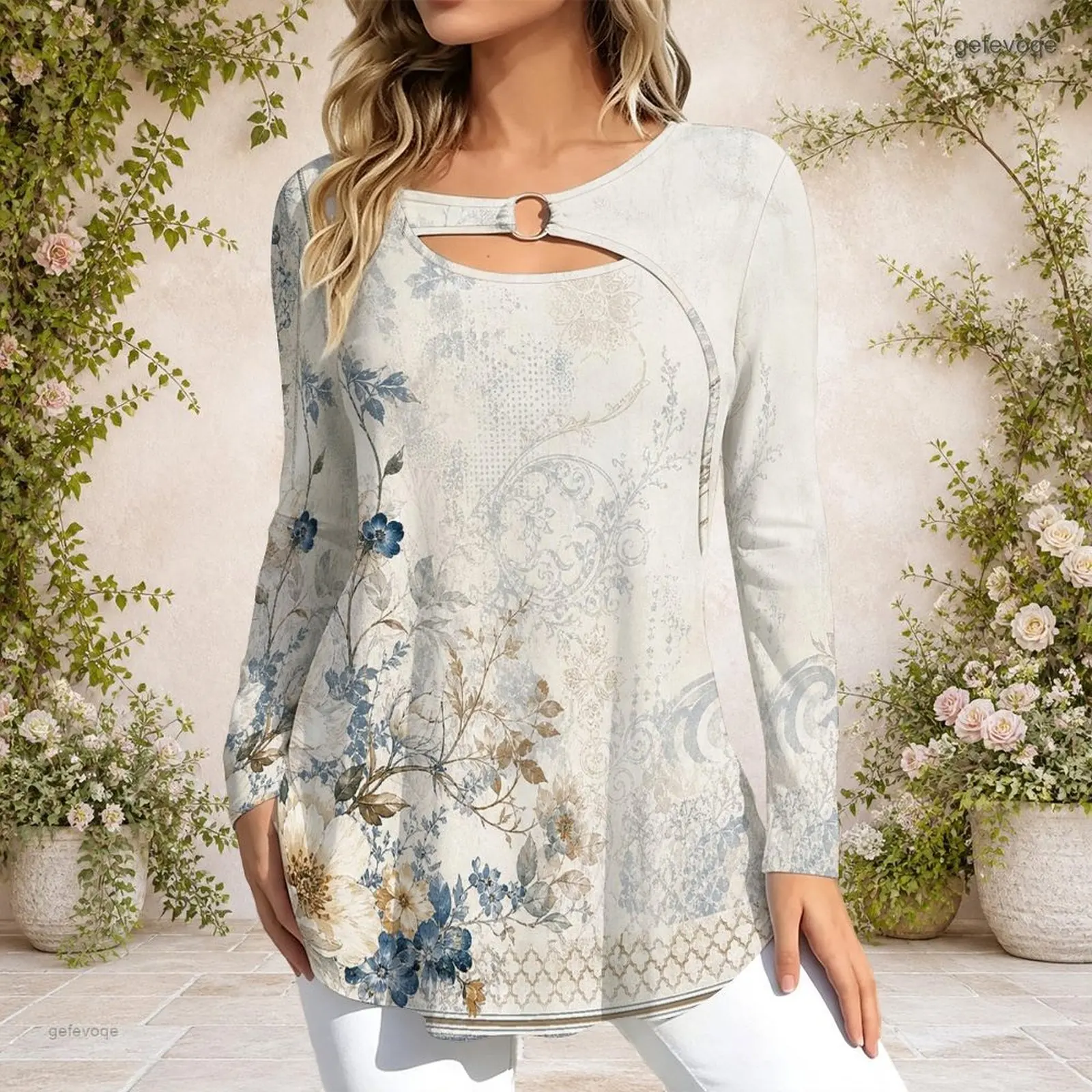 Women Keyhole Ring Neck Long Sleeve Flared Hem Printed Top