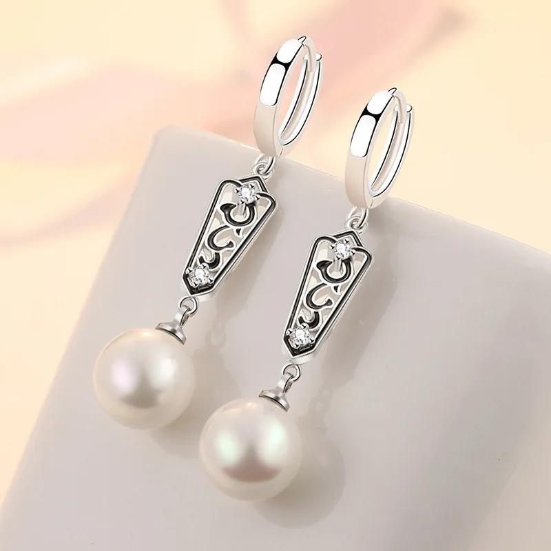 Retro Pearl Earrings Elegant 925 Sterling Silver Long Earring Black Geometry Ear Buckle Women Party Accessories KOFSAC