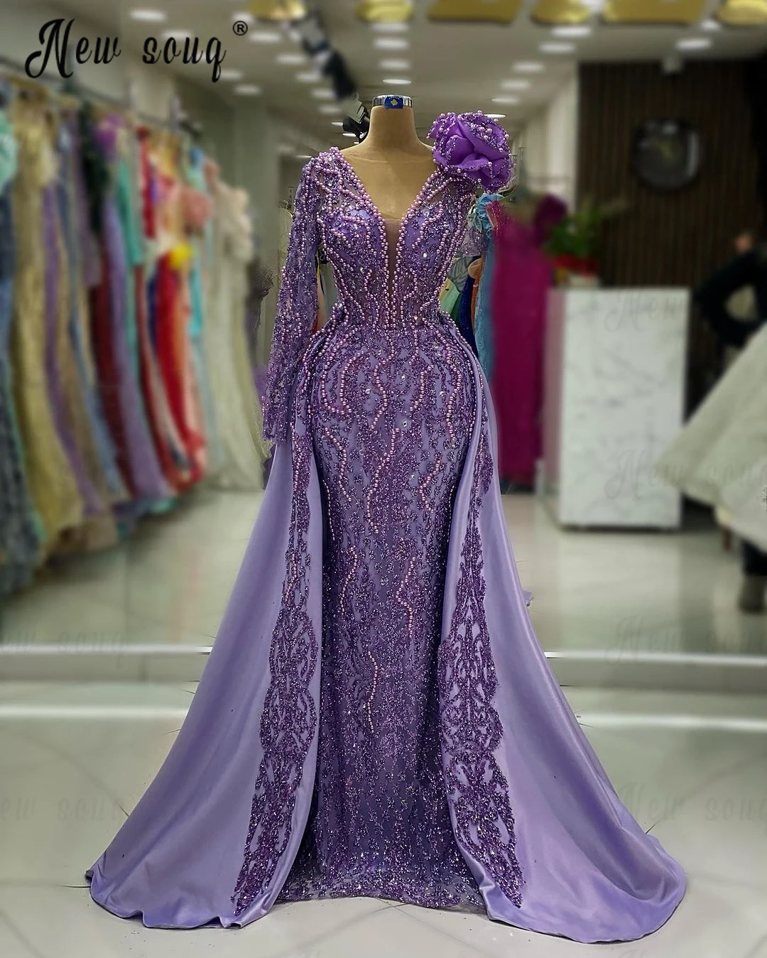 2 in 1 Two Pieces Purple Evening Dress 3D Beaded Flowers Wedding Dinner Party Gowns With Overskirt Dubai Design Formal Dress