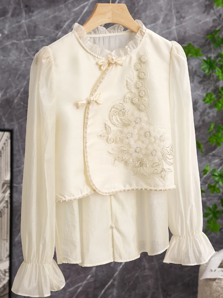 

Элегантный комплект в восточном стиле: новая китайская блузка с тяжелой вышивкой, кружевной отделкой, боковыми пуговицами, длинными рукавами и прямым кроем