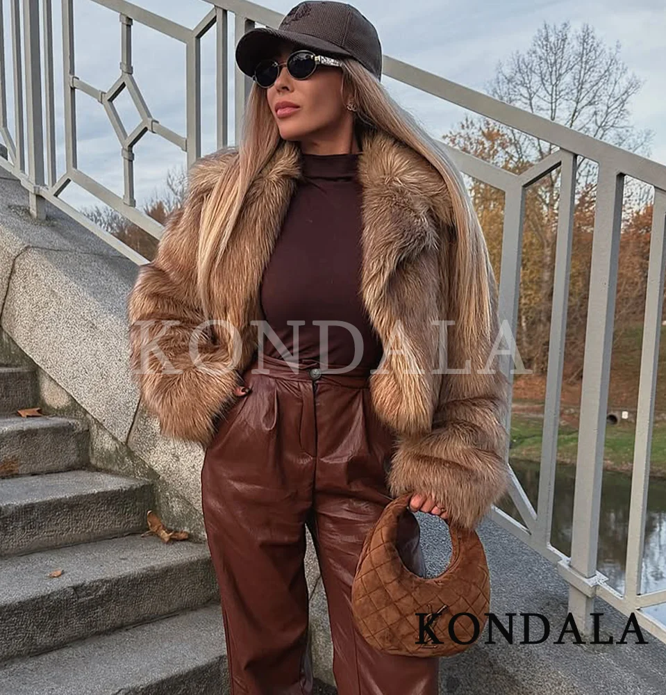 

KONDALA осень-зима элегантное меховое пальто женское короткое пальто из искусственного меха с лацканами 2025 модная уличная верхняя одежда женская роскошная шуба