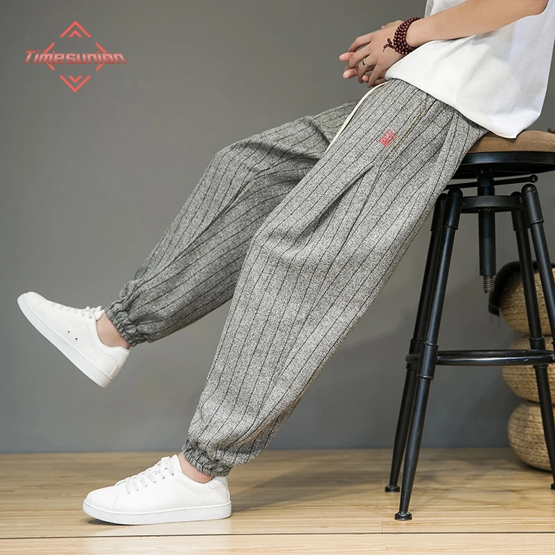 Primavera Verão Calças para Homens Confortável e Respirável Algodão e Linho Casual Calças Moda Stripe Harem Pants Homem