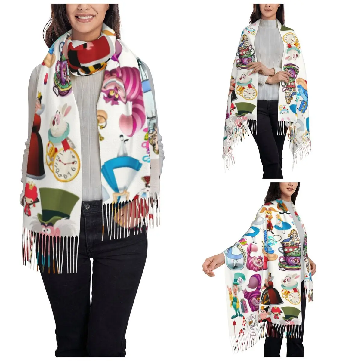 Alice In Wonderland Cartoon Scarf Women Fall Winter Cashmere Shawls Wrap Character Collection Long Scarves with Tassel Ladies