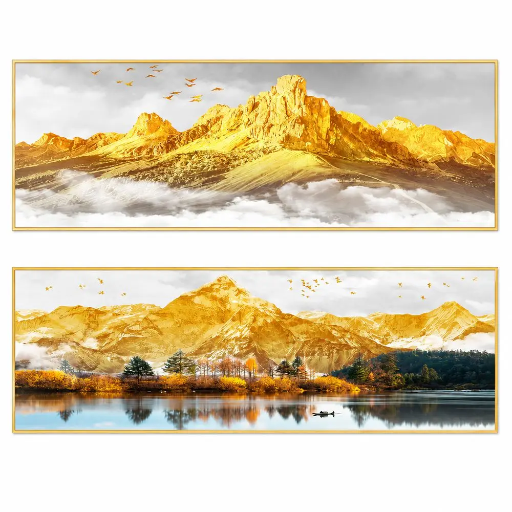 Mountain Landscape Bedroom Wall Stickers Golden Sunrise Long Horizontal Format Landscape Wall Art Modern Style