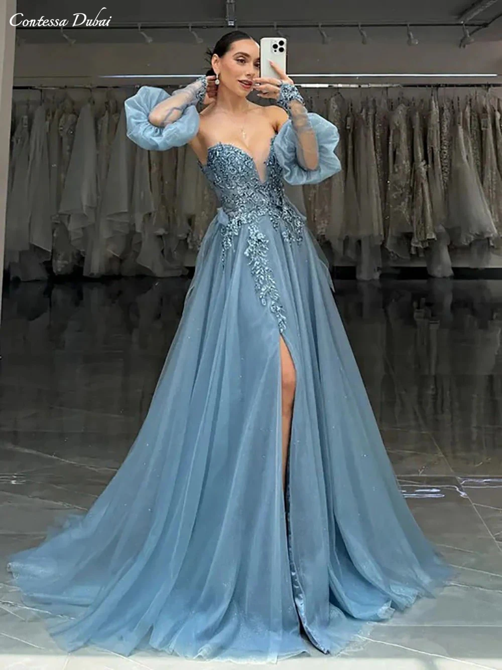 

Contessa Dubai Custom Elegant A-Line Prom party dress Cathedral Train Vestidos de noche Slit Formal evening Events dress 2025