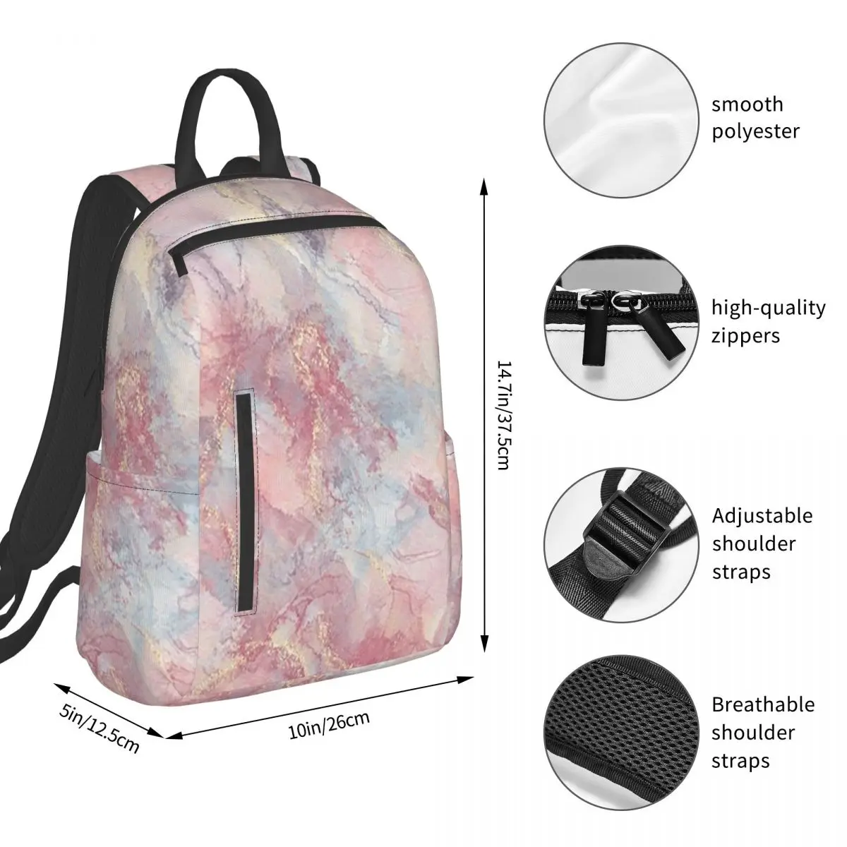 Light Pink Golden Marble Pattern Backpack Student BookBag Kids School Bag Laptop Shoulder Bags Men Women