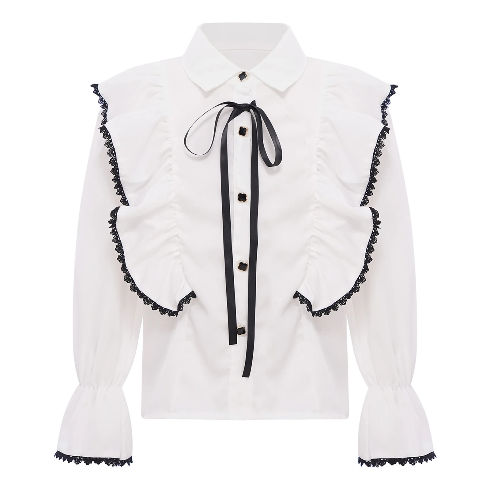 

Kids Girls Shirts Cute Bowknot Lace Trim Ruffles Turn-Down Collar Long Puff Sleeves Button Blouse Top for School Birthday Party