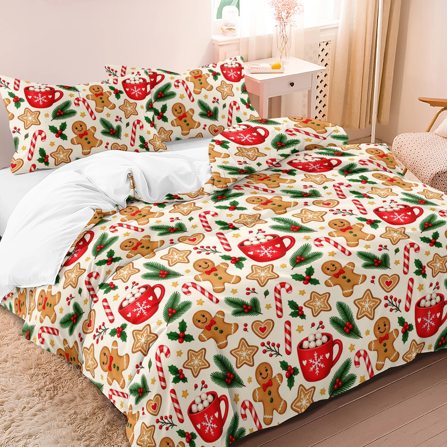 Pcs Gingerbread Cookie Hot Chocolate Candy Cane Holly Pattern Gingerbread Man Christmas Duvet Cover Set, Cream Xmas Bedding