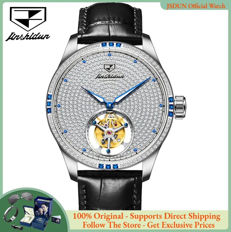

JSDUN 832 Full Diamond Tourbillon Men Mechanical Watch High end Leather Strap Sapphire Waterproof Luminous Men Automatic Watch