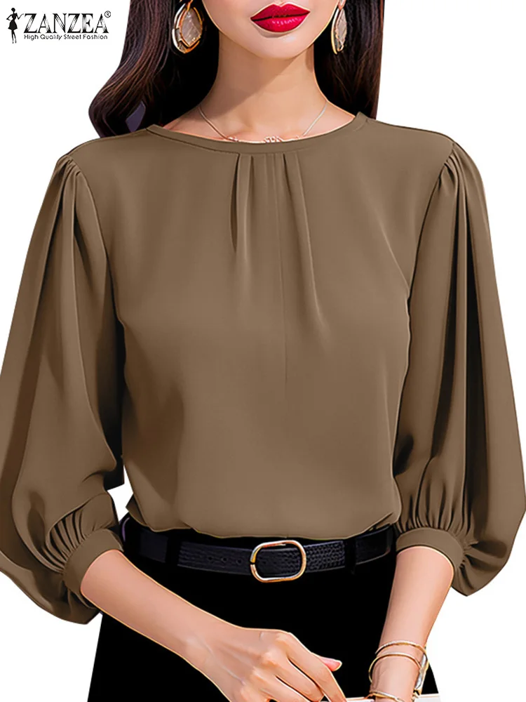 ZANZEA Women Lantern Sleeve Blouses Casual O Neck Stylish Shirts Summer OL Work Wear Pleated Blusas Elegant Solid Color Tops