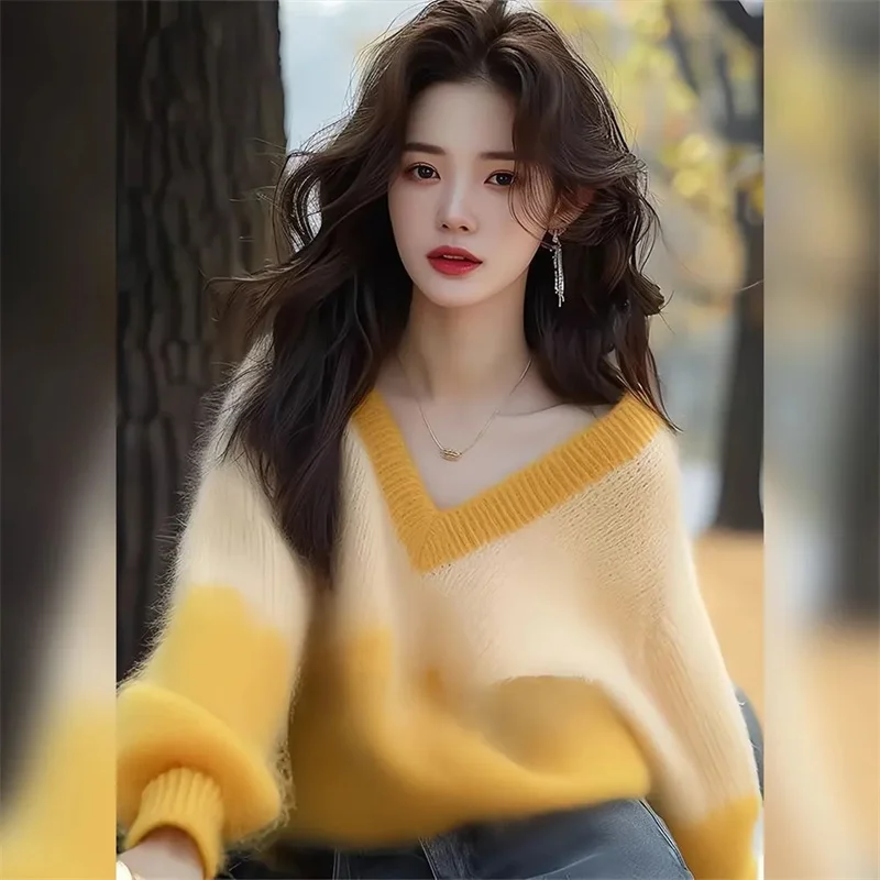 Color Blocking V-Neck Soft And Loose Knit New Lazy Style Unique Beautiful Top Sweater Women's Fashion Autumn And Winter Yellow