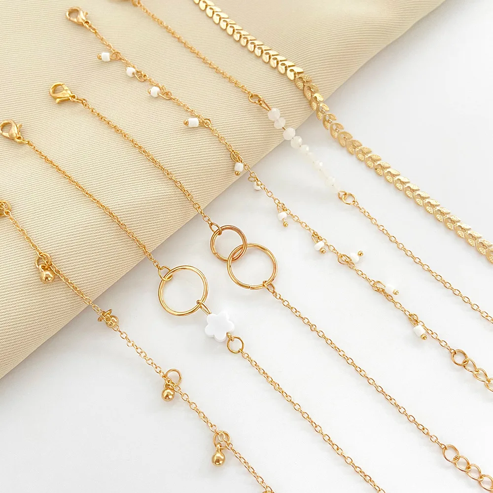 6 Piece Set Gold color Geometric Bracelet Flower Tassel Leaf Circle Bracelets For Women Bracelets & Bangles Jewelry Set 1CF3
