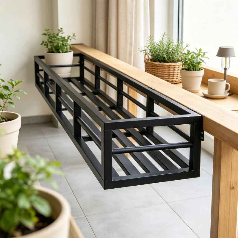 Black Stainless Steel Wall Planter Rack, Balcony Railing Flower Pot Holder Bracket, Window Hanging Shelf Organizer for Plants.