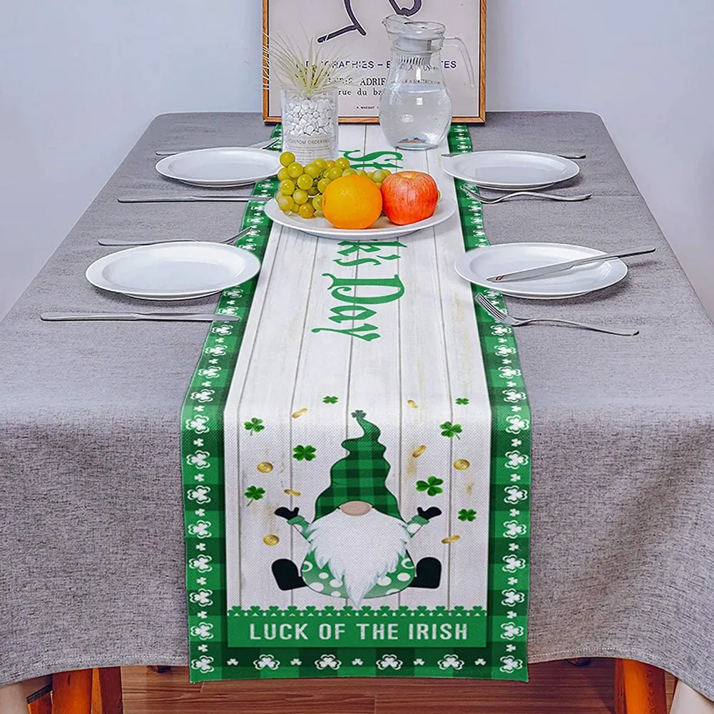 AA94-St. Patrick's Day Printed Table Runner Green Clover Table Runner For Saint Patricks Day Holiday Parties Decor