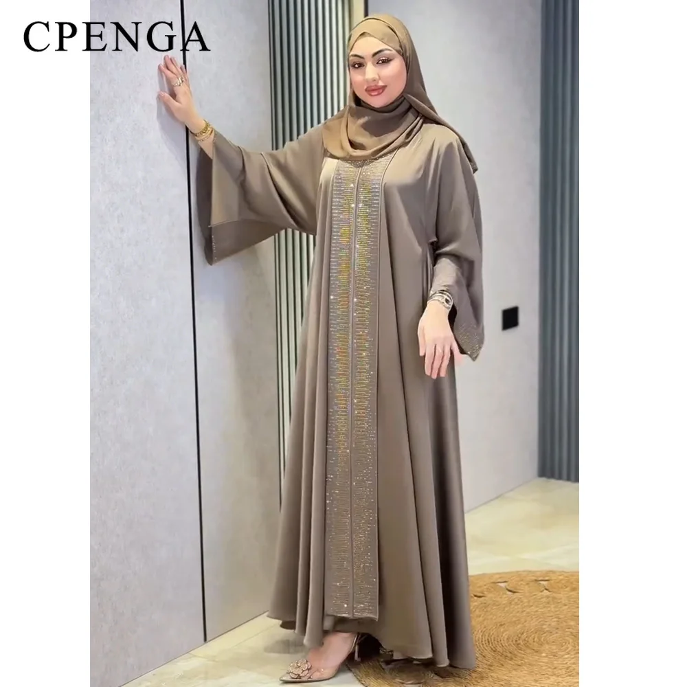 Luxury Dubai Abaya with Hijab for Women Rhinestone Stripes Elegant Satin Modest Kaftan Dress for Muslim Evening Party Gown 2026