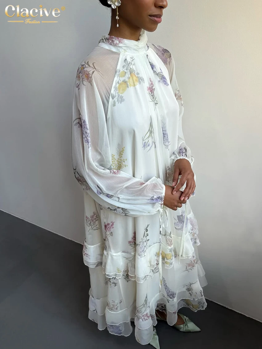 

Clacive Fashion Loose Print Women Dress 2025 Vintage Stand Collar Long Sleeve Ankle Length Dresses Elegant Classic Female Dress