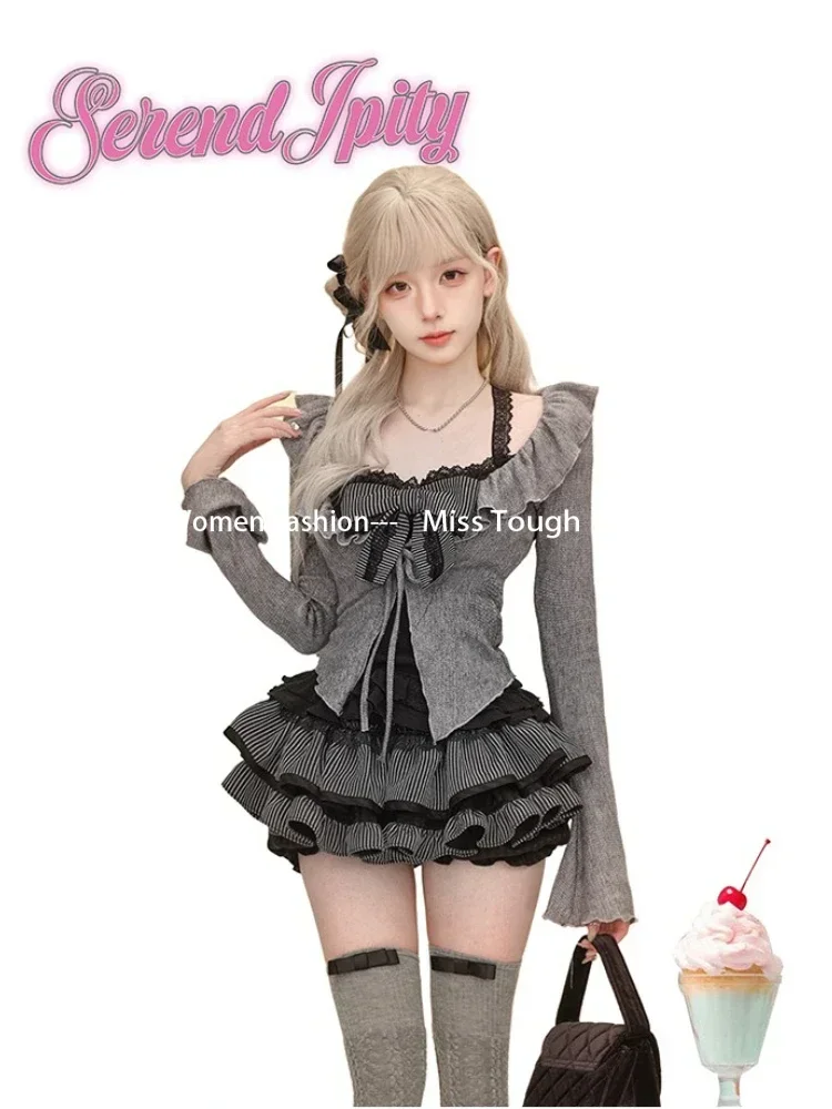 Sweet Lolita Vintage Suits Women Ruffles Cardigan + Sexy Y2k Corset Vest + Mini Skirts Autumn Korean Elegant 3 Piece Dress Sets