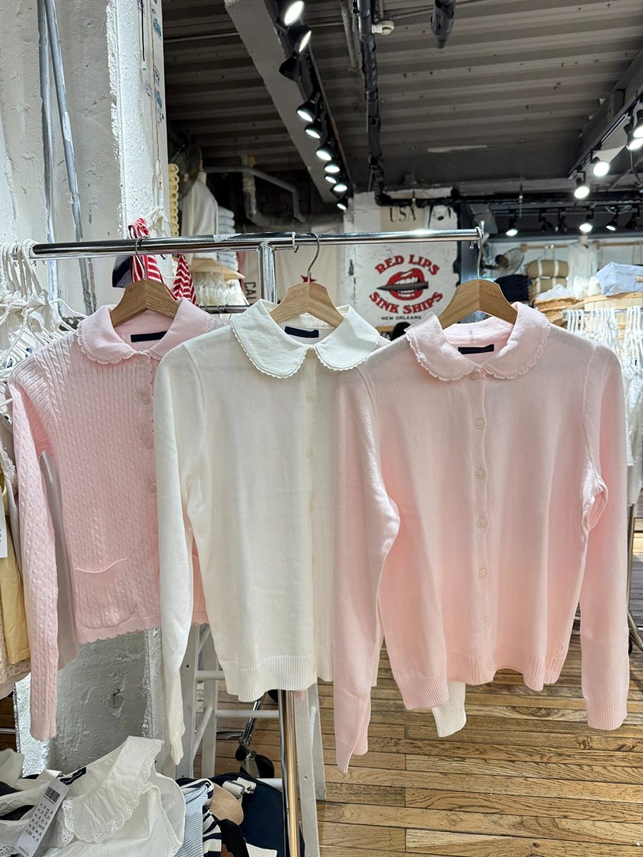 

Розовый тонкий кардиган с воротником «Питер Пэн», женский однобортный трикотаж с длинными рукавами, осенний новый милый шикарный короткий свитер с карманами