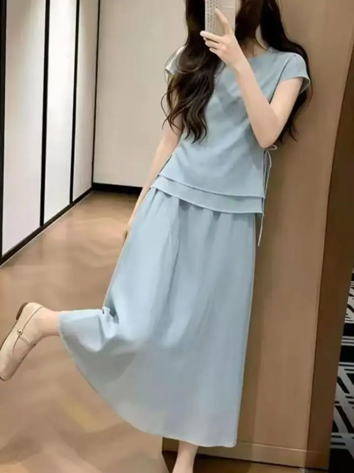 Summer 2026 Women's Slim Fit Half Skirt Set Short Sleeve Belted Top And Skirt Two Piece Ensemble Trendy Design Polyester Mate...