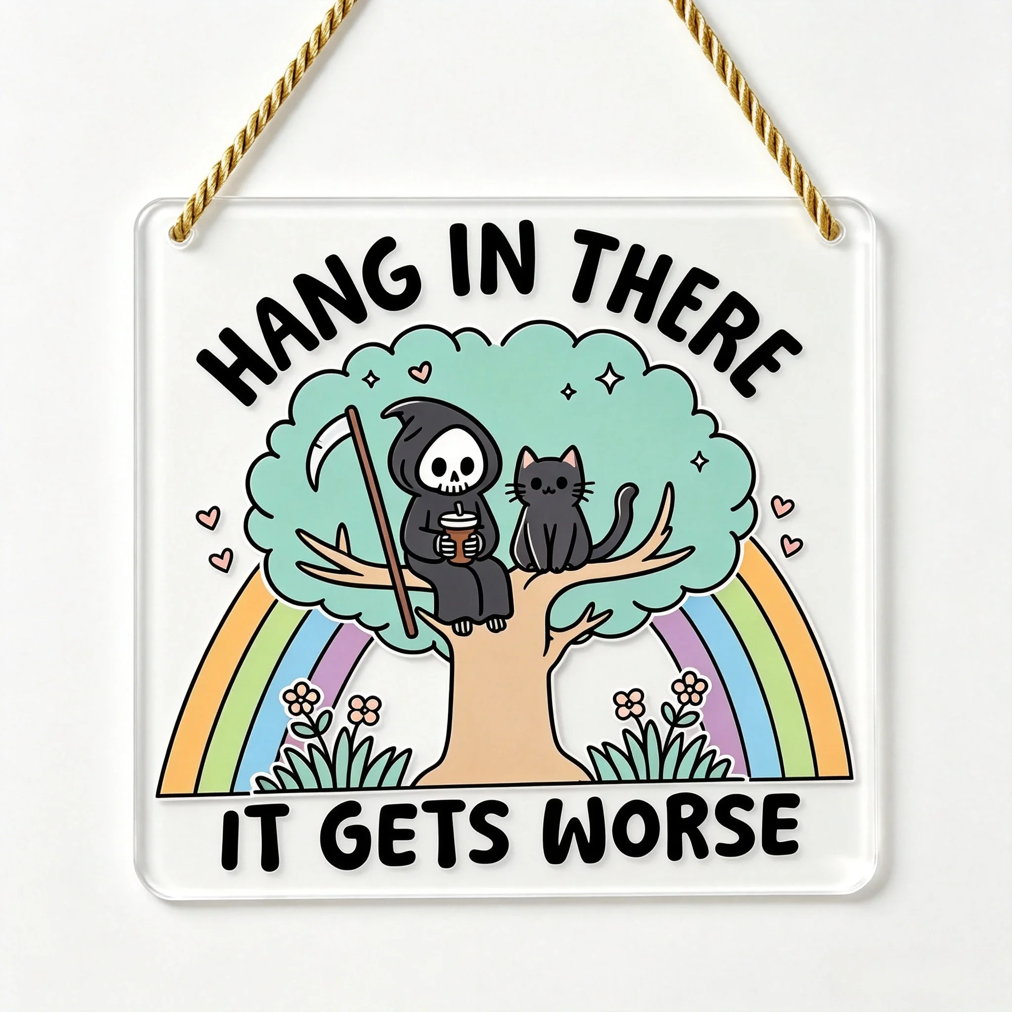 Hang In There It Gets Worse Square Acrylic Hanging Sign, Grim Reaper Black Cat Funny Wall Decor,Halloween Party Gift