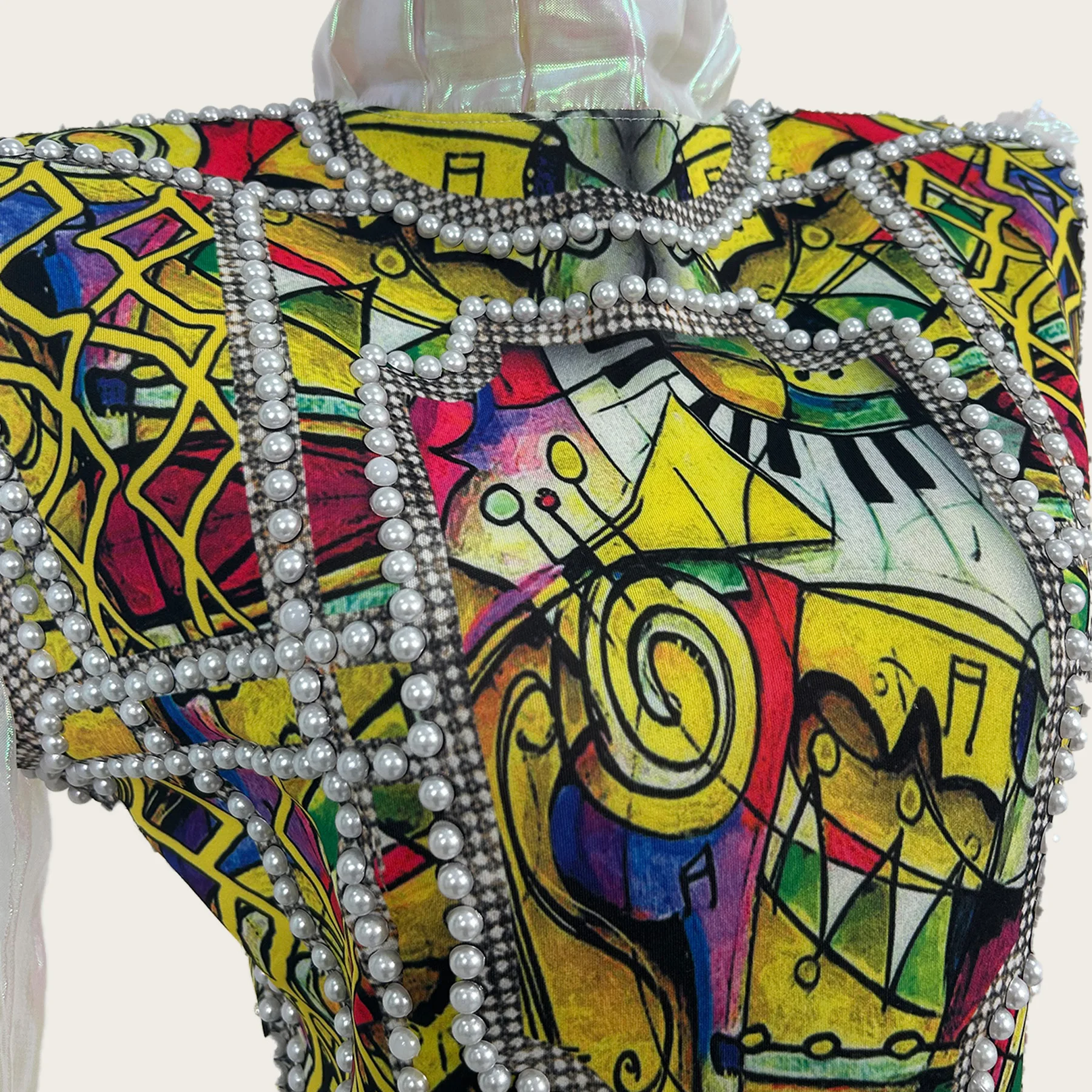 Colorful Art Print Bodysuit High Ruffle Neck Iridescent Puff Sleeve Pearl Peplum Club Dance Stage Performance Costume Chouxiang