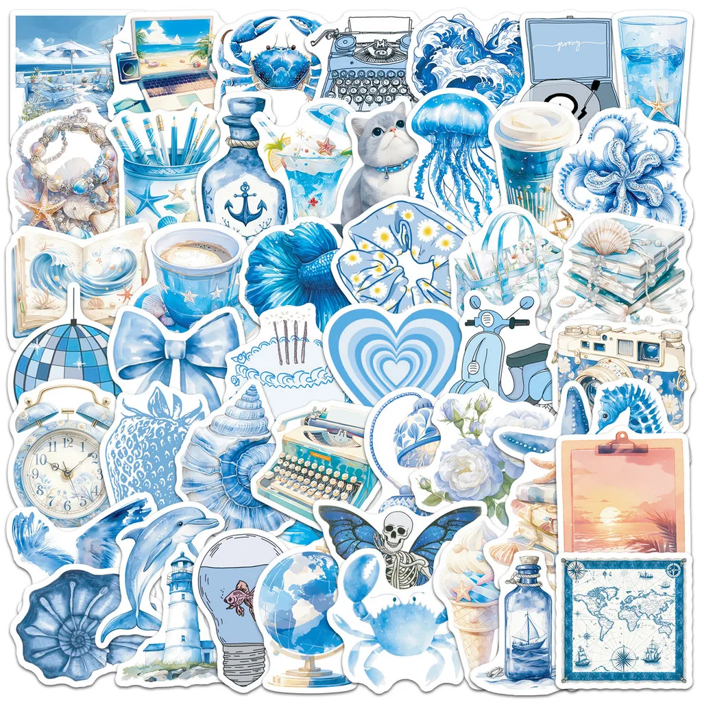 50Pcs Blue Seaside Creative Graffiti Waterproof Decals Ocean Scenery Stickers For Water Bottle Phone Scrapbook Papery Pop Store