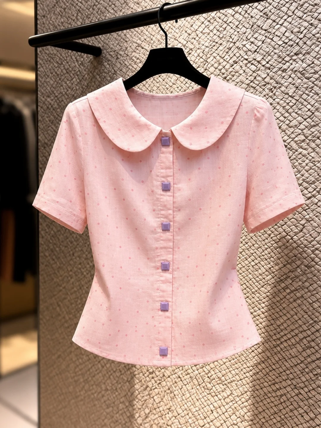 

Unique Design Polka Dot Shirt Turn-down Collar Short Sleeve Single Button Korean Style Commute Fashion Young-looking Summer Top